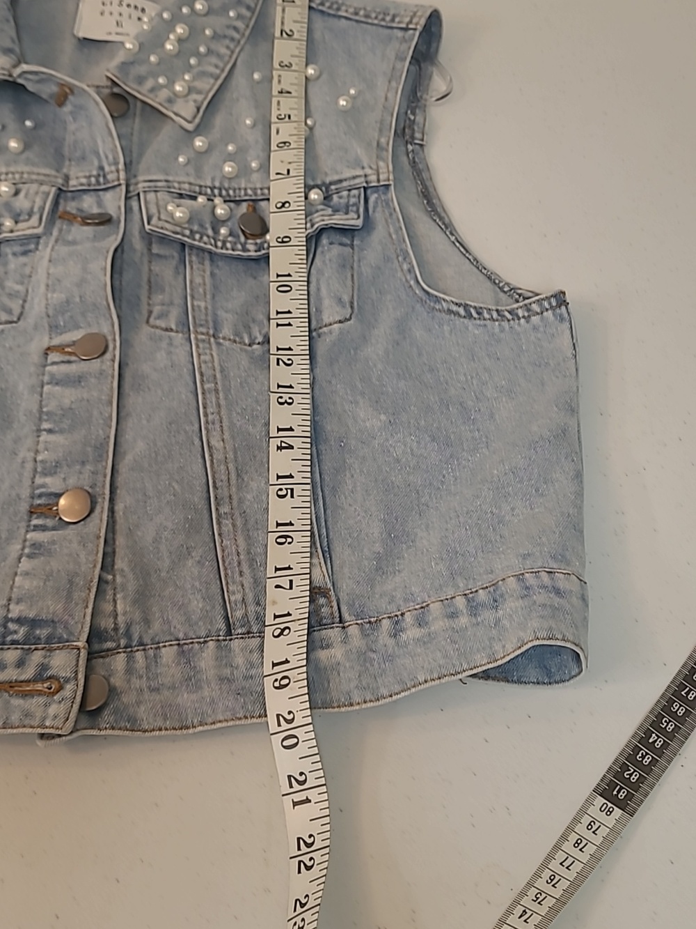 Ci Sono Light Wash Pearl-Studded Denim Vest Sleeveless Four Pocket Sz XL - Picture 9 of 13